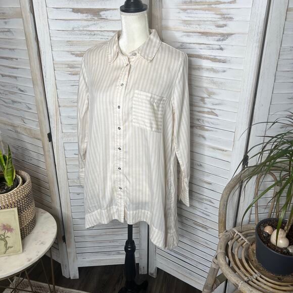 SOFT SURROUNDINGS Women's Med Lorimer Tencel Striped Button Front Tunic Top Tan - Picture 6 of 14